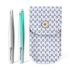 Expert Slant and Point Tip Tweezer Set with Exclusive Storage & Carrying Case, GlamTweeler Sharp & Precision Tweezer Set for Eyebrows, Facial Hairs & Fine Hairs Removal (Sparkle Mint Green + Silver)