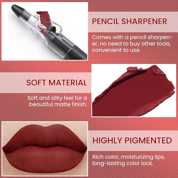 Wine Lip Liner Pencil, Smooth Matte Lipstick Crayon with Lip Pencil Sharpener for Women, Smudge Proof Waterproof Ultimate Makeup Forever Lipliner 09#