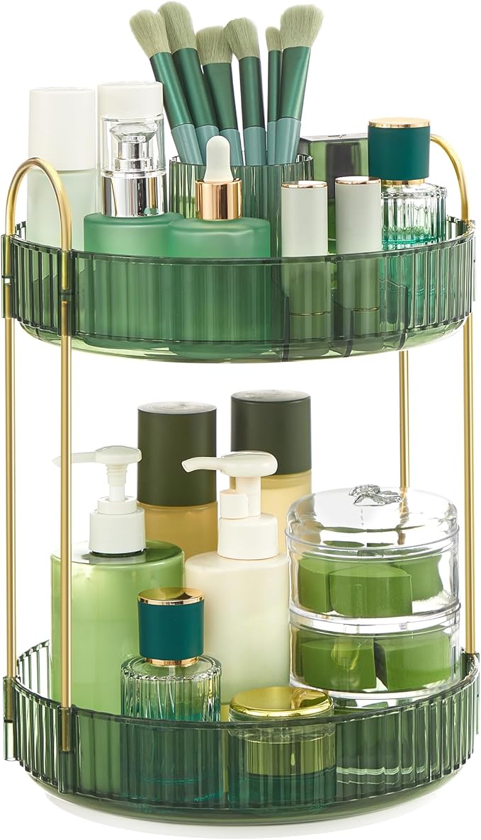 SONGMICS Makeup Organizer, 2-Tier Round Rotating Skincare Organizer Countertop, Customizable, Toiletries Vanity Organizer, Lazy Susan, Gift, Pale Green UJKA012C01