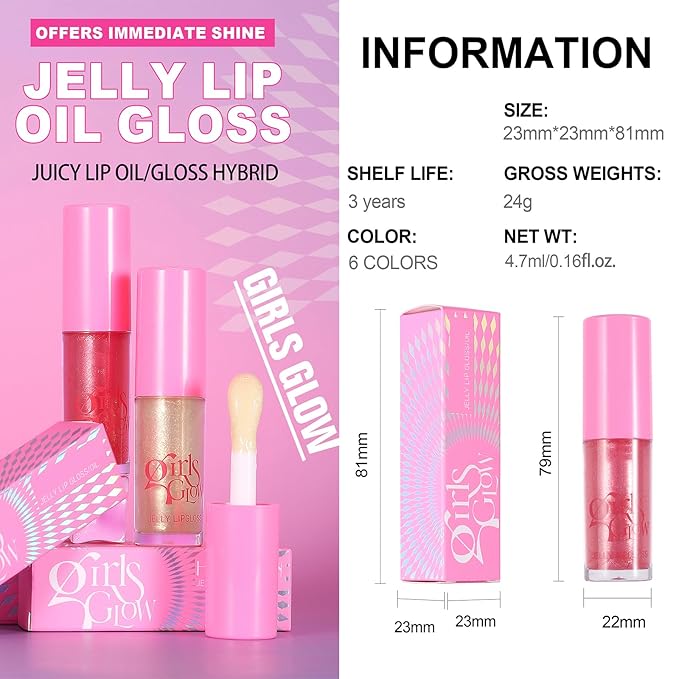 Jelly Glow Lip Oil Gloss, Long-Lasting Hydrating Non-Sticky Glow