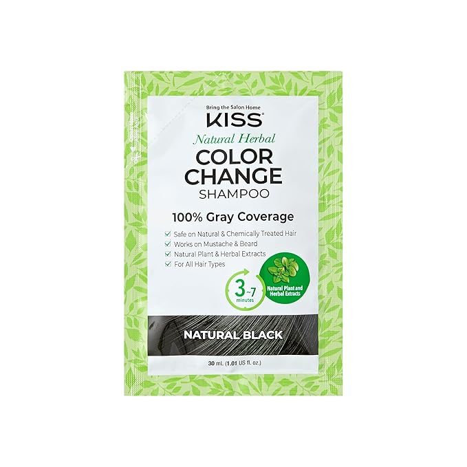 KISS Color Change Permanent Shampoo Dye, 100% Gray Coverage, Natural Plant & Herbal Extracts, All Hair Types, Moustache & Beard, 3-7 Minute Application, 4 Pre-Measured Pouches - Natural Black
