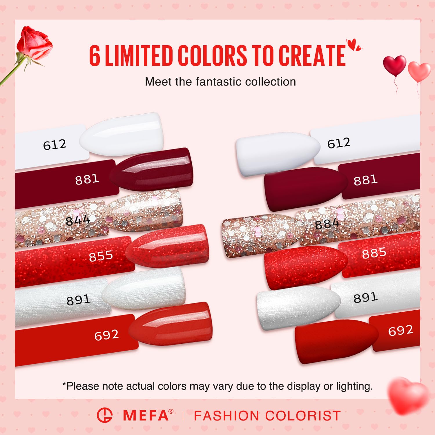 MEFA 6 Colors Red Gel Nail Polish Set, Fall Winter Christmas Glitter Shades Sparkle Silver Champagne Love Times Tones Salon Decorations Nail Art Design at Home Manicure DIY Kit Gifts for Women Girl