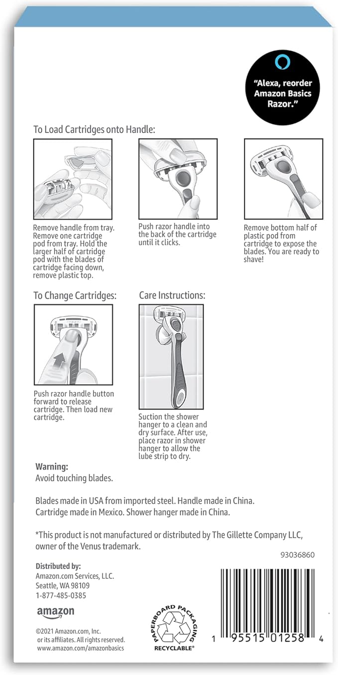 Amazon Basics 5-Blade Razor Handle for Women, Includes 12 Cartridges and Shower Hanger, 14 Piece Set, Blue