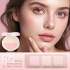 Pink Setting Powder, 3 in 1 Blush Palette with Puff, Highlighter Palette, Fine Texture Blush Pressed Powder, Setting Powder Makeup, Korea Makeup - Pink