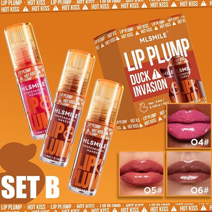 3 Colors Duck Lip Plumper Gloss, Glitter Shine Primer Lip Tint Korean Clear Plumping Lip Gloss, No Sticky Sexy Lip Gloss, Hydrating Lip Glow Oil Plumping Gloss Tinted Lip Balm (Set B)