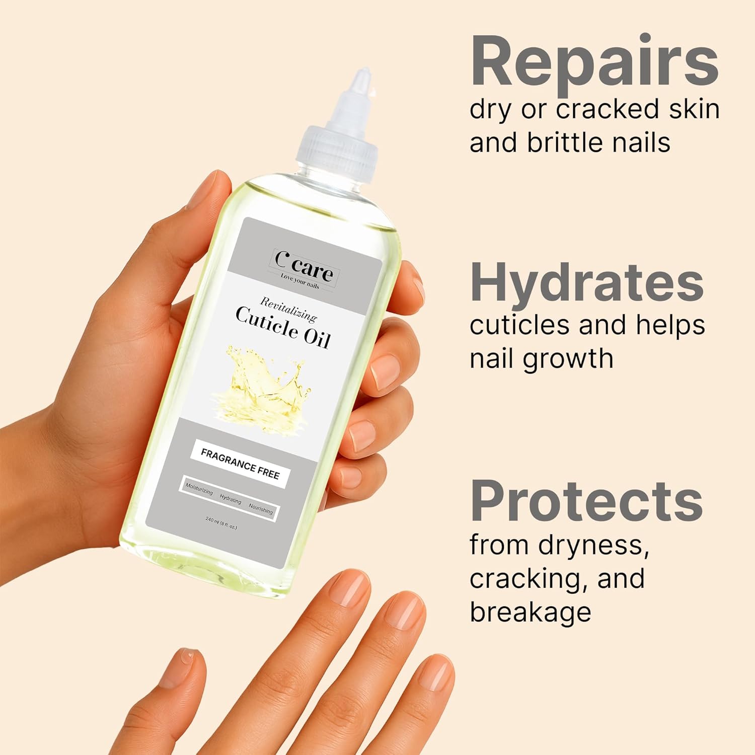 C CARE Fragrance-Free Cuticle Oil For Nails - Repairs Cuticles Overnight - Moisturizes and Strengthens Nails and Cuticles - 8 oz