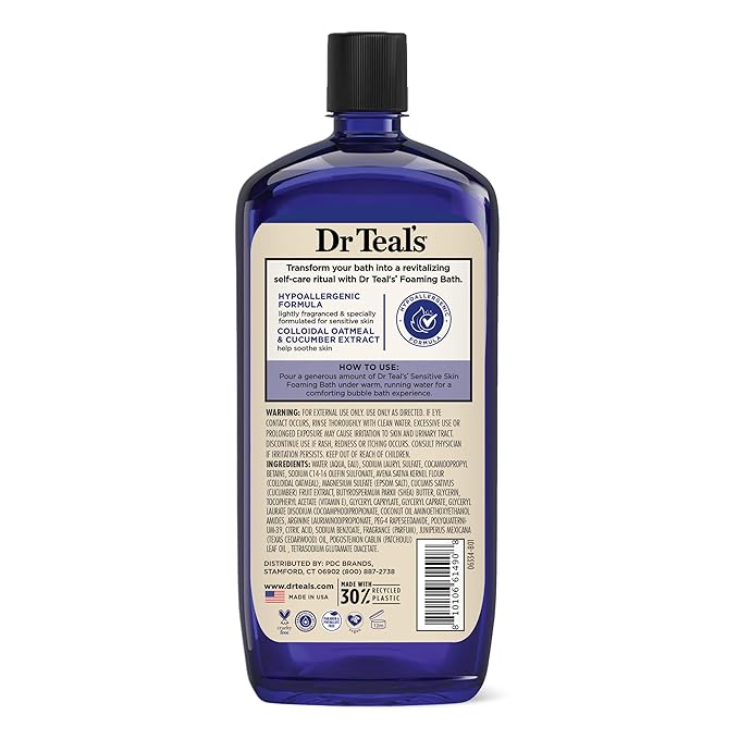Dr Teal's Foaming Bath with Pure Epsom Salt, Sensitive Skin with Colloidal Oatmeal & Cucumber, 34 fl oz (Pack of 4)