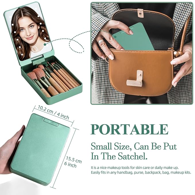 BS-MALL Travel Makeup Brush Set Foundation Powder Concealers Eye Shadows Makeup Set with LED light Mirror 14 Pcs (Green)