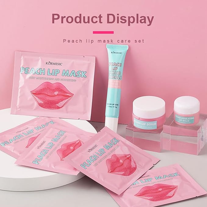 4 In 1 Peach Lip Care Kit With Lip Exfoliator Scrub And Moisturizer, Peach Scrub Bubble, Hydrating Lip Mask, Lip Scrubs Gentle Exfoliating, Instant Moisturizing, Lip Balm Hydrating For Very Dry Lips
