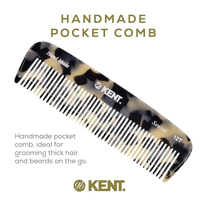 Kent 12T TW Wide Tooth Detangling Comb - Handmade Pocket Comb for Thick, Curly, and Wavy Hair, Grooming Beard and Mustache