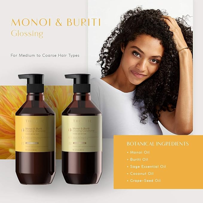 Theorie Monoi and Buriti Glossing Shampoo - Hydrate & Shine - Suited for Coarse and Dry Hair - Protects Color & Keratin Treated Hair, Pump Bottle 400mL