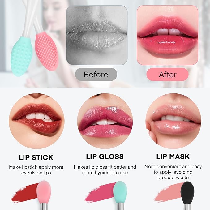 Unaone Lip Scrub Brush - 3 PCS Dual-ended Lip Scrubber Exfoliator and Silicone Lip Brush, 2-in-1 Silicone Lip Scrub Tool Lip Mask Applicator, Gentle Exfoliator & Applicator for Soft