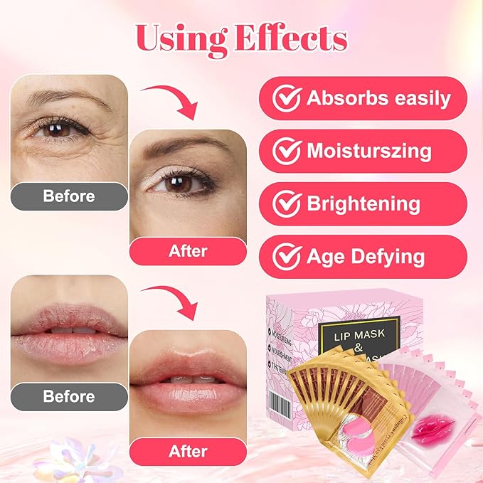 30 Pads Lip Masks & Eye Masks,Under Eye Mask Skincare,Crystal Collagen Lip Mask Sheet,Under Eye Patches for Puffy Eyes and Dark Circles,Moisturizing,Anti-Aging,Reducing Fine Lines,Pink