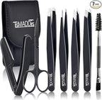 TsMADDTs Professional Stainless Steel Tweezers for Women and Men, 7 Pack Precision Tweezers for Eyebrows with Curved Scissor and Eyebrow Razor for Ingrown Hair
