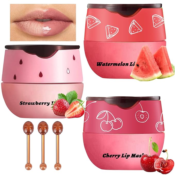 3Pcs Lip Balm Honey Pot with Stick, Honey Strawberry Apple Moisturizing and Hydrating Sleeping Lip Mask, Day and Night Repair and Care, Improve Lip Color, Reduce Lip Lines (SET C)