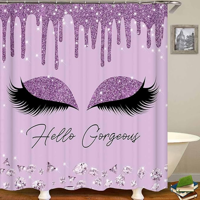 4PCS Purple Glitter Hello Gorgeous Shower Curtain Set, Glam Bling Diamond Rhinestones Gem Makeup Unicorn Eyelash Bathroom Decor, Waterproof Fabric Shower Curtain, Non-Slip Bath Mat Toilet Rug