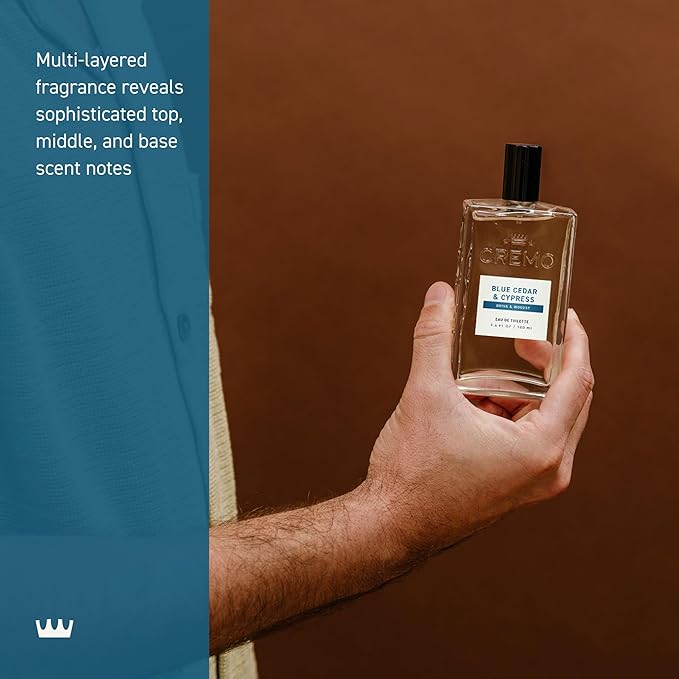 Cremo Cologne for Men - Blue Cedar & Cypress Mens Cologne Spray- A Woodsy Scent with Notes of Lemon Leaf, Cypress and Cedar, Fragrances For Men, 3.4 Fl Oz