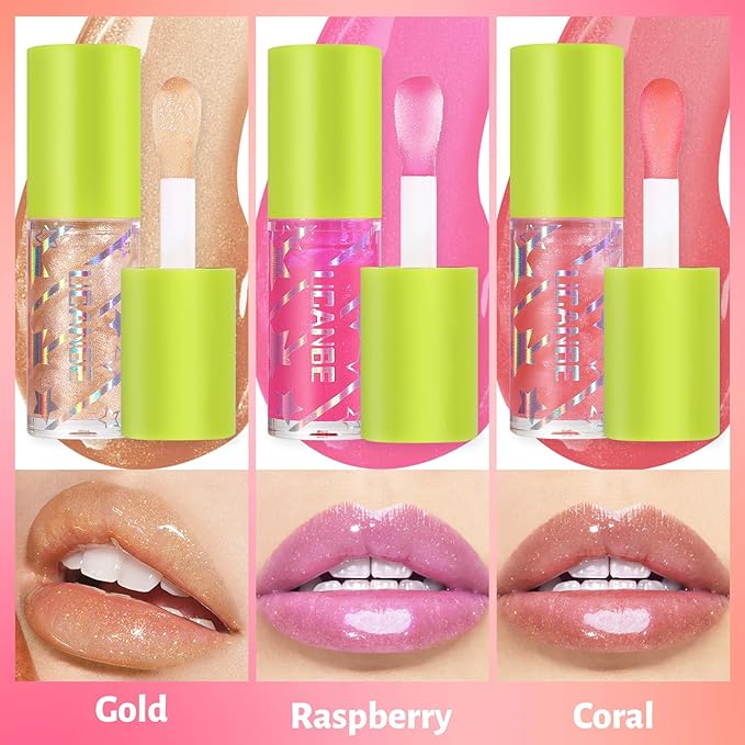 UCANBE 3 Color Shimmery Lip Oil Gloss - Luxurious Radiant Hydrating Tinted Lip Glow (Coral/Gold/Raspberry), Non-Sticky Shiny Lip Plumper Top Gloss for All-Day Wear and Comfort