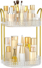 360 Rotating Makeup Organizer 2 Tier, Large Skincare Clear Make Up Storage Spinning Perfume Organizers for Bathroom Counter Dresser, White