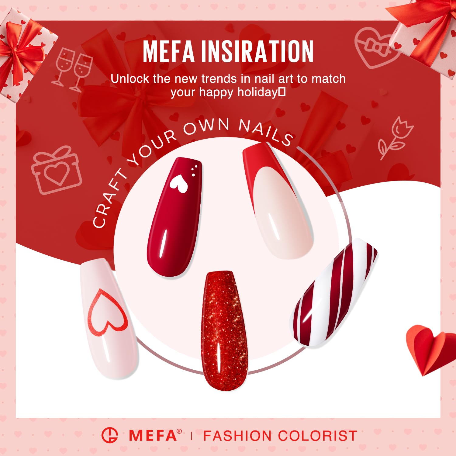 MEFA 6 Colors Red Gel Nail Polish Set, Fall Winter Christmas Glitter Shades Sparkle Silver Champagne Love Times Tones Salon Decorations Nail Art Design at Home Manicure DIY Kit Gifts for Women Girl