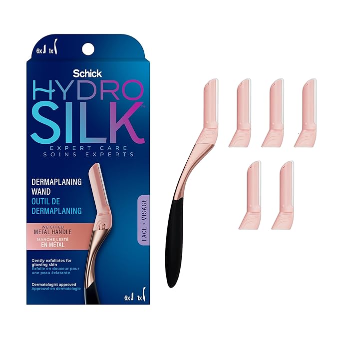 Schick Hydro Silk Dermaplaning Wand, Dermaplaning Tool for Face | Dermaplane Razor for Women Face, Eyebrow Razor, Peach Fuzz Remover, Includes 1 Weighted Metal Handle with 6 Refill Blades
