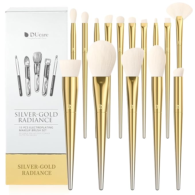 DUcare Makeup Brushes 15Pcs Makeup Brush Set with Holder Premium Synthetic Powder Foundation Contour Blush Concealer Eye Shadow Blending Liner Make Up Brush Kit gold-silver