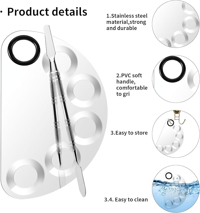 Makeup Mixing Foundation Palette Tools - Stainless Steel Nail Art Palette with Makeup Foundation Spatula Professional Cosmetic Mixing Makeup Palette Tray for Eye Shadow Eyelash Lipsticks Nail Art