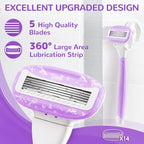 DreamGenius Razors for Women Include 2 Non-Slip Handles and 14 Blade Refills with a Shower Holder, 5 Premium Blades Women's Razors for Shaving with 360° Lubrication Reduces Irritation, Purple