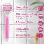 DreamGenius Razors for Women Include 2 Non-Slip Handles and 14 Blade Refills with a Shower Holder, 5 Premium Blades Women's Razors for Shaving with 360° Lubrication Reduces Irritation, Pink