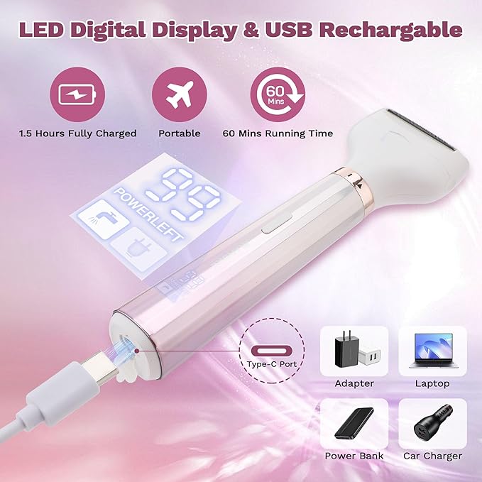 Electric Razors Shaver for Women, 5 in 1 Bikini Trimmer for Women, Wet/Dry Womens Electric Razor Shavers, Face Razor for Face Nose Eyebrow Arms Armpit Legs Pubic Area, Facial Hair Removal