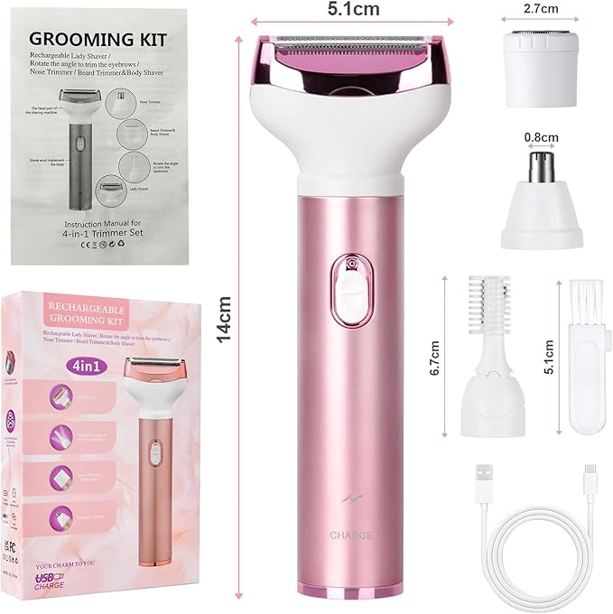 Wet & Dry Electric Razor for Women Body Razors 4-in-1 Facial Hair Remover Electric Shaver and Facial Hair Remover Painless Ladies Body Razors for Nose Face Body Leg Bikini Arm Hair