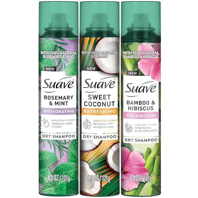 Suave+ Dry Shampoo Spray Variety 3-Pack – Invigorating Rosemary & Mint, Volumizing Bamboo & Hibiscus + Refreshing Sweet Coconut, 4.3 Oz Ea