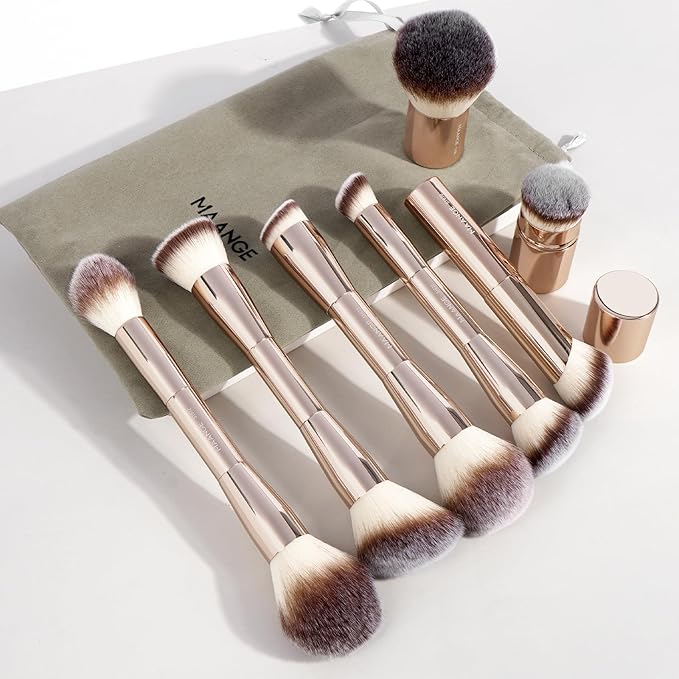 MAANGE 7pcs Makeup Brush Set Double Sided Kabuki Makeup Brushes Contour Brush for Foundation Liquid Powder Concealer Cream Cosmetics Bronzer Blending Blush Buffing Makeup Tools (Gold)