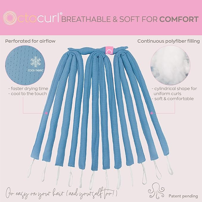 Octocurl Heatless Hair Curler - No Headband Octopus Curler - Overnight Curls for Medium Length Hair (QMax - Blue)