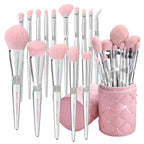 Bueart Design Elegant pink Ultra soft labeled Makeup Brushes Sets with Brush Holder makeup brush set with Foundation Powder blush blending contour Brush (15Pcs Silver Pink+Holder)