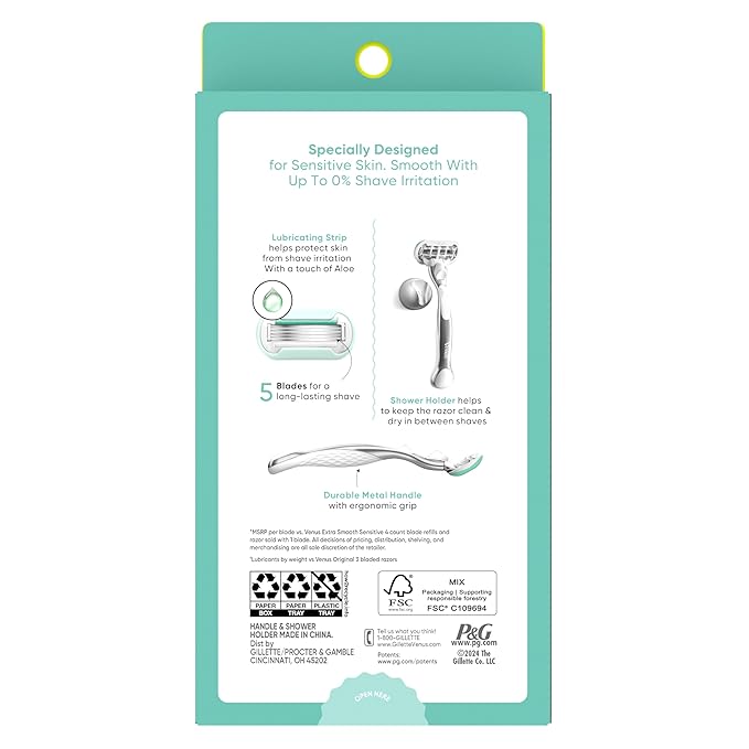 Venus Extra Smooth Sensitive Women's Razor with Reusable Razor Handle, 3 Razor Blade Refills and Shower Holder