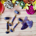 Amethyst Massage Roller and Gua sha Set | Reduces Wrinkles, Fine lines and Dark Circles | Pink Jade Roller | Anti-aging Massager for Skin Toning and Tightening for Face, Eyes, Neck