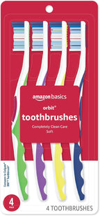Amazon Basics Orbit Toothbrushes, Soft, Full, 4 Count, Assorted Colors (Previously Solimo)