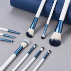 Makeup Brushes Set With Case 10Pcs White Makeup Brush Kit Foundation Eyeshadow Powder Blending Kabuki Eyebrow Eyelash Brushes Cosmetic Brush Travel Kit Gift (White+Blue)