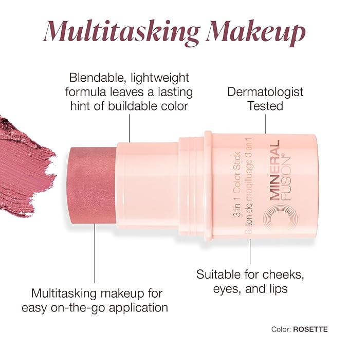 Mineral Fusion 3-in-1 Color Stick, Instant Color Pop, Creamy Multi-Use Blush Stick for Cheek, Lip & Eye, Hydrating, Organic Natural Makeup, Rosette