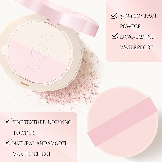 Pink Setting Powder, 3 in 1 Blush Palette with Puff, Highlighter Palette, Fine Texture Blush Pressed Powder, Setting Powder Makeup, Korea Makeup - Pink