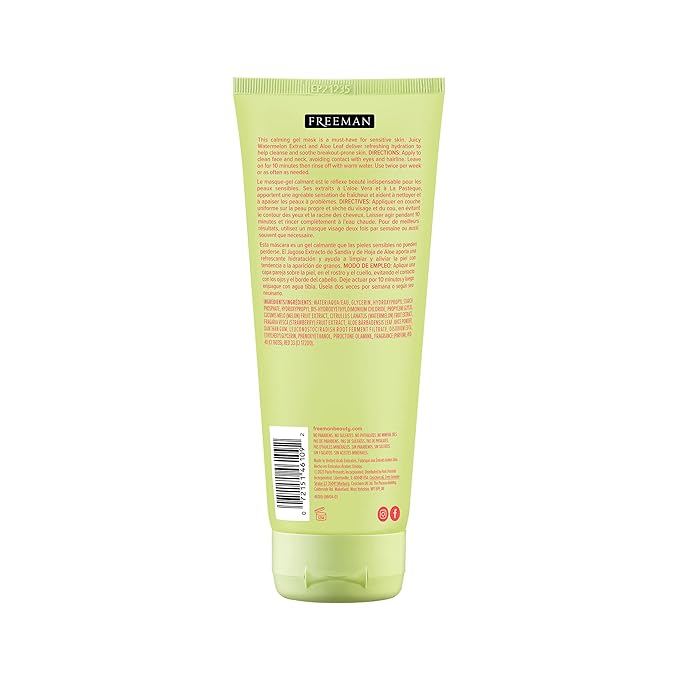 Freeman Soothing Watermelon & Aloe Gel Facial Mask, Hydrates, Nourishes, & Soothes Irritated Skin, Cooling, Calming Gel Face Mask, For Sensitive & Break-Out Prone Skin, 6 fl.oz. Tube, 1 Count