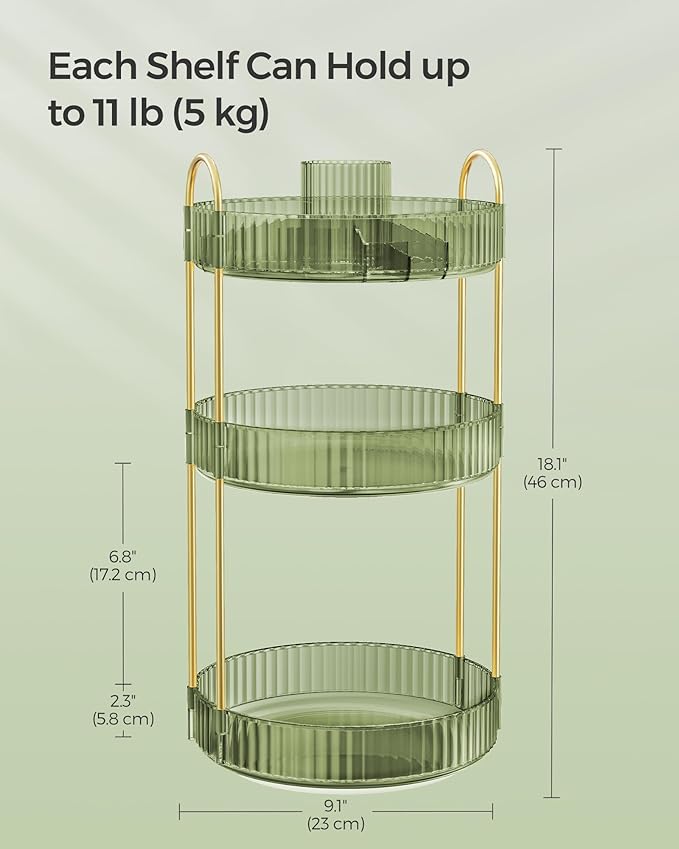 SONGMICS Makeup Organizer, 3-Tier Round Rotating Skincare Organizer Countertop, Customizable, Toiletries Vanity Organizer, Lazy Susan, Gift, Pale Green UJKA011C01
