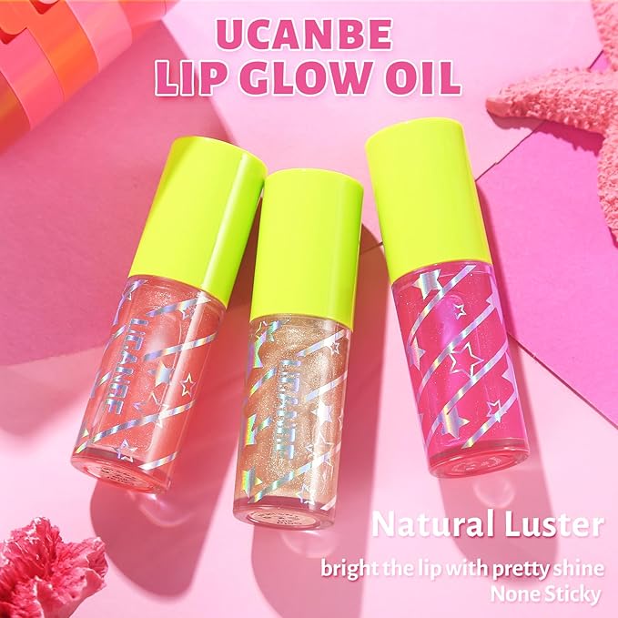 UCANBE 3 Color Shimmery Lip Oil Gloss - Luxurious Radiant Hydrating Tinted Lip Glow (Coral/Gold/Raspberry), Non-Sticky Shiny Lip Plumper Top Gloss for All-Day Wear and Comfort