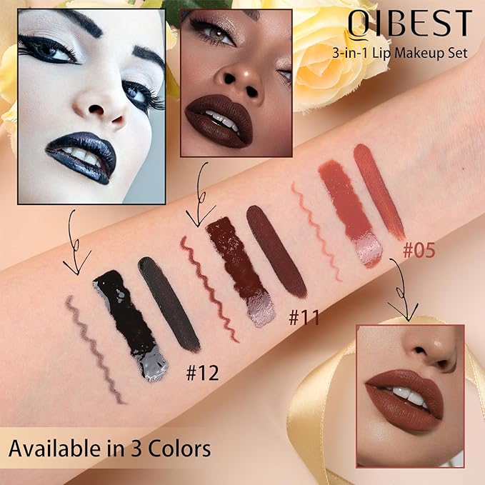QiBest 3-in-1 Lipstick Set for Women & Teen Girls, Matte Liquid Lipstick + Lip Gloss + Gel Lip Liner Pencil Trio Lip Gift Kit for 24 Hours Long Lasting & Waterproof Lip Makeup (Whiskey Honey)