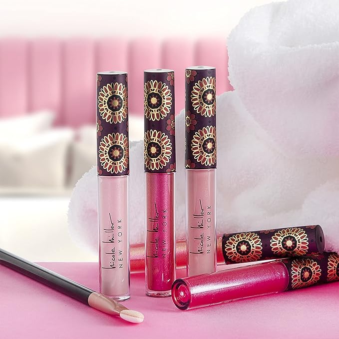 Nicole Miller Lip Gloss Collection Shimmery Glosses for Women and Girls Long Lasting Color Set with Rich Varied Colors, Pink Shimmer, 10 Count (Pack of 1)