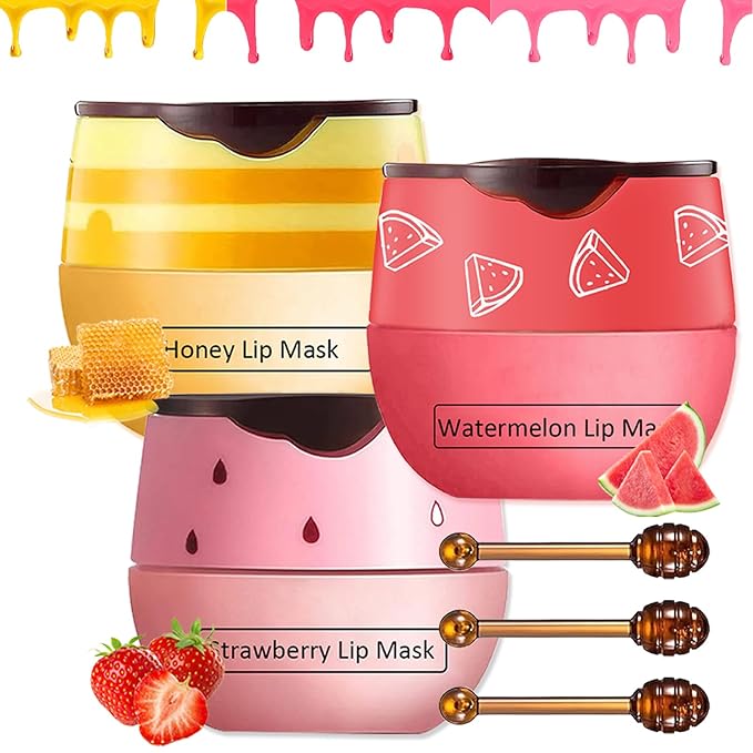 3 PCS Bee Lip Balm Lip Mask Honey Pot,Honey & Strawberry & Watermelon Lip Sleeping Mask,Moisturizing Lip Mask Overnight Prevention Dry and Cracked Lip Scrubs Exfoliator Lip Care