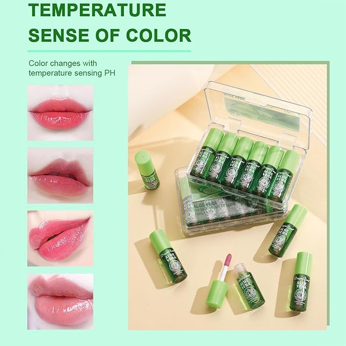 6Pcs Aloe Vera Color Changing Lip Gloss, Hydrating Lip Glow Oil High-Shine Clear Temperature Color Change Lipstick, Glossy Lip Tint Stain for Women Lip Care Prevents Dry Cracked Lips