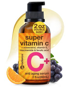 Double Size (2OZ) Super Vitamin C Serum for Face w/Niacinamide Serum, 5% Vitamin C Face Serum w/Hyaluronic Acid, Resveratrol, Anti-Aging Brightening Super C Serum, Facial Serum Vitamina C, E