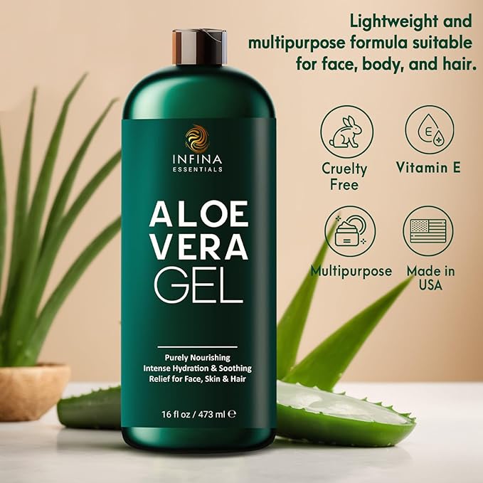 Pure Aloe Vera Gel for Face, Hair & Skin - Soothing Aloe Gel for Sunburn Relief - Made with Organic Aloe Vera Gel 95%, Chamomile & Vit E, for All Skin Types - 16 fl oz